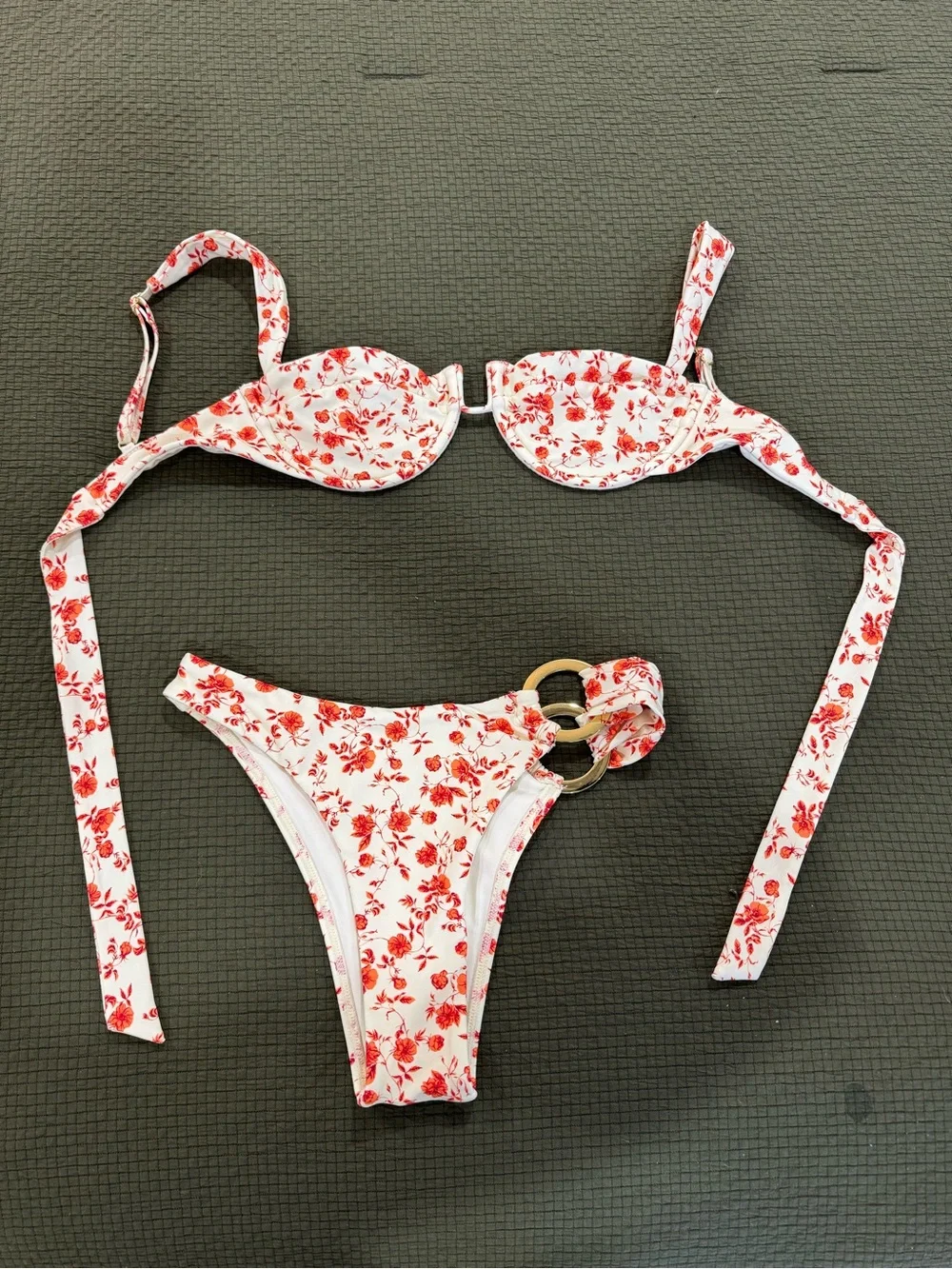 Monday Swimwear White Bikini with Red Floral Print and Gold Rings